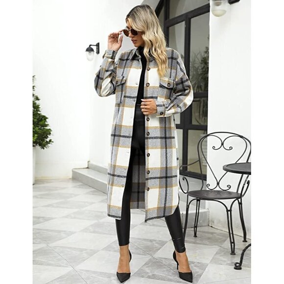 CASUAL Grey Plaid Button Down Long Puff Sleeve Trench Coat Jacket Shacket Wool - Picture 5 of 9